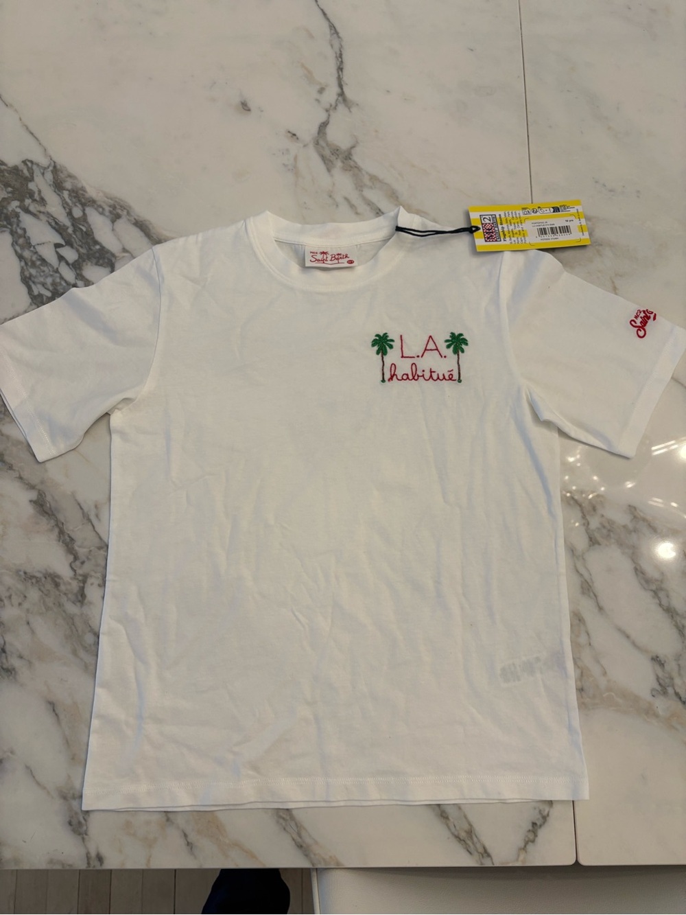 MC2 Saint Barth White Tee with Green Palm and Red Script